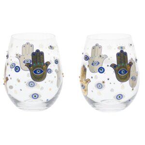 LOVE + LIGHT Wine Glasses Set Of 2 Hamsa Stemless Hamsa Evil Eye Stemless